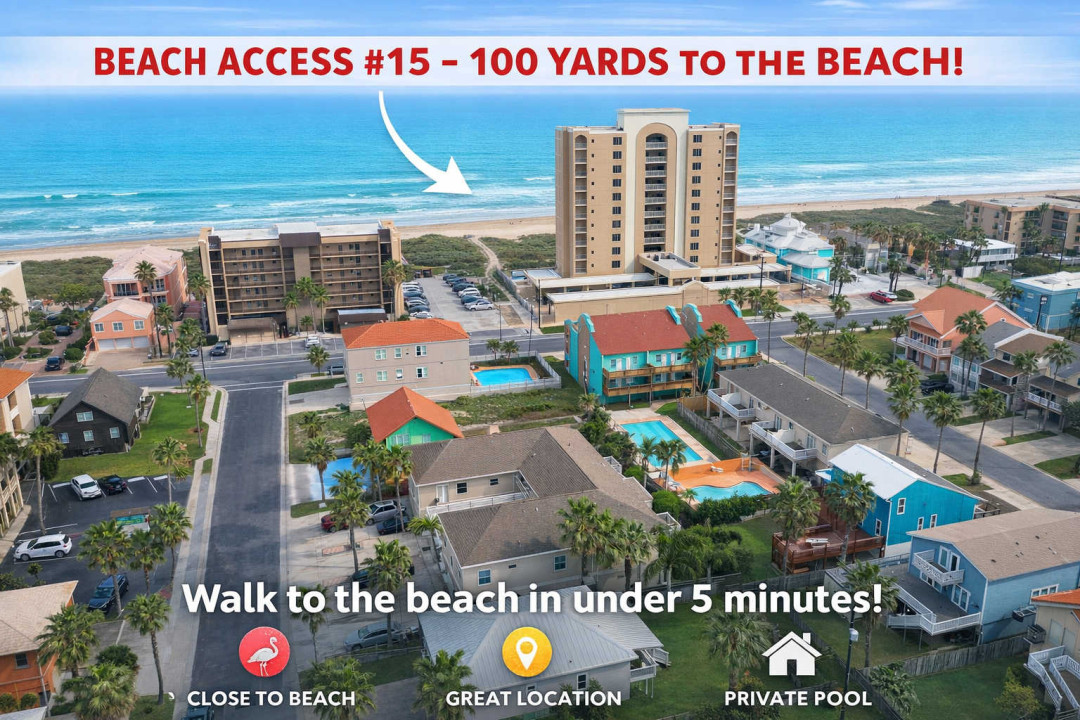 Bright beachside retreat w/private pool, patio & fast beach access! Walk to sand in 2 mins—perfect for families, couples & groups. Prime location near dining, shops & beach access #15.