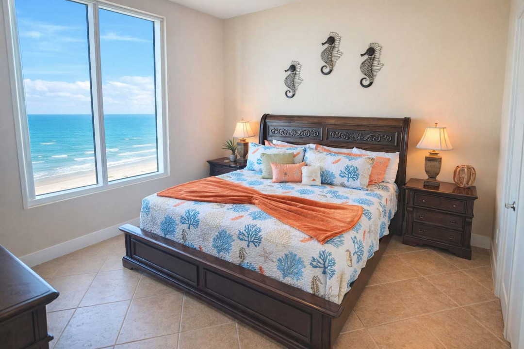 Oceanview Coastal Retreat | King Bed | Beachside Serenity  
Bright, beach-themed bedroom with panoramic ocean views, plush king bed, coral accents, and relaxing ambiance—perfect for a peaceful seaside escape.