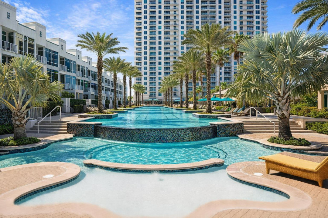 Luxurious resort-style pool with cascading tiers, palm-lined deck, and modern high-rise views—perfect for relaxing under the sun or enjoying a tropical escape in a vibrant, upscale community.