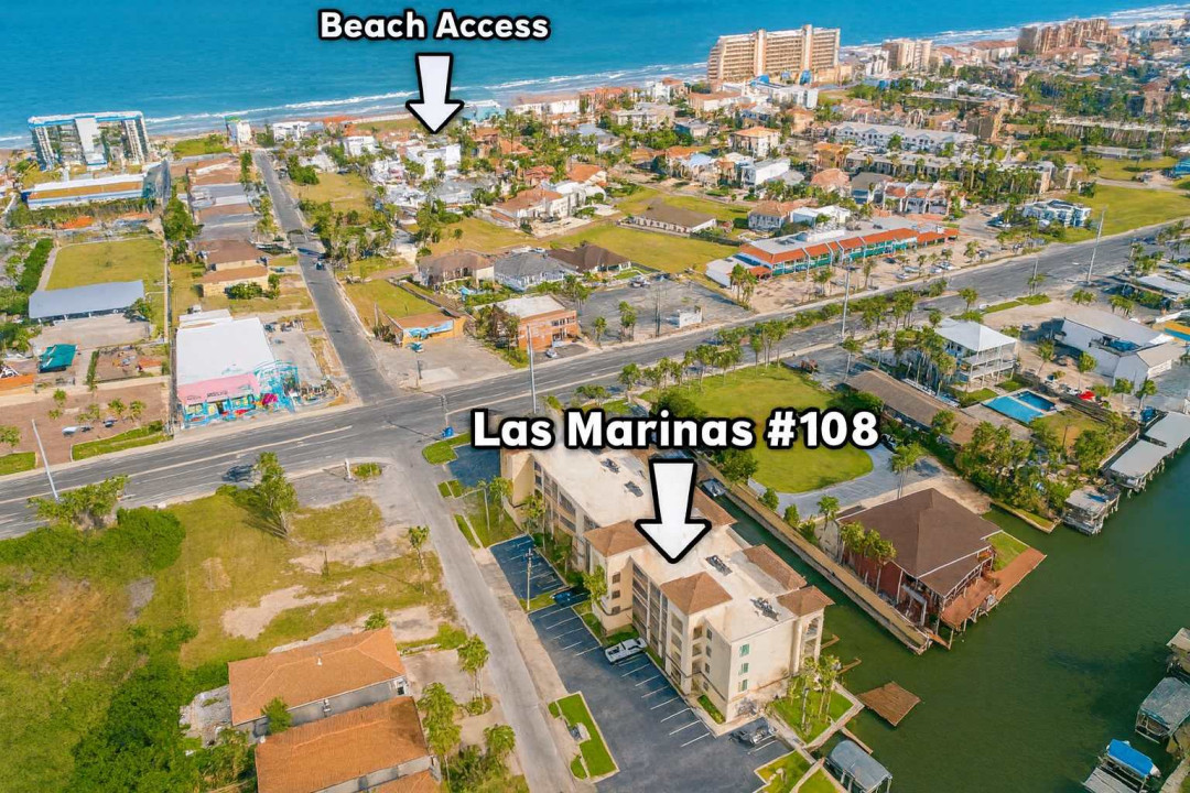 Prime Las Marinas #106 Location
Aerial view reveals Unit #106 at Las Marinas, steps from direct beach access amid vibrant coastal neighborhood. Gated lagoon enclave offers pools, walkability to shops—luxury living meets Gulf waves!