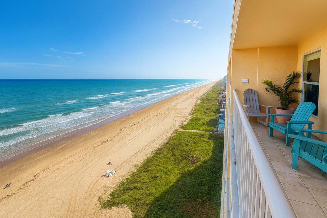 Sweeping Oceanfront Balcony Retreat
Unwind on this expansive balcony with panoramic Gulf Coast views, rocking chairs, and Adirondack seats. Golden beach, gentle waves, and distant boardwalk stretch endlessly below. Lush plants frame the sunny perch!