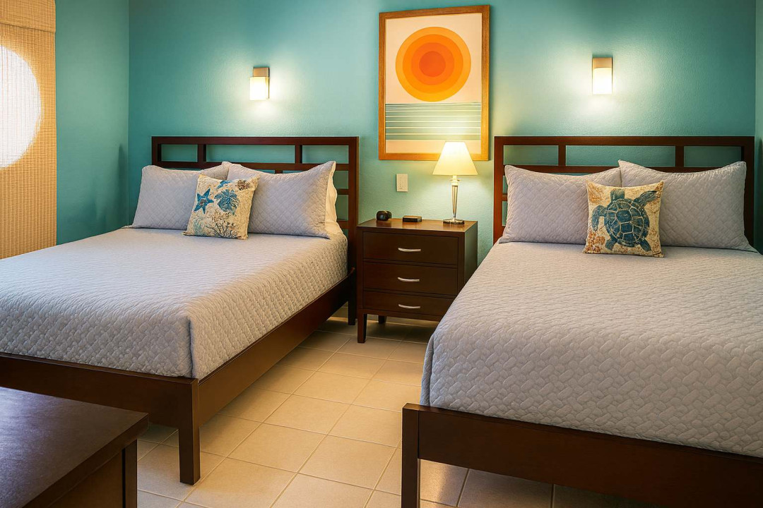Coastal Comfort | 2 Beds | Steps to Beach
Relax in this serene, beach-themed retreat featuring two plush comfortable beds, marine-inspired decor and warm lighting. Ideal for families or friends, just minutes from the shoreline and local attractions.