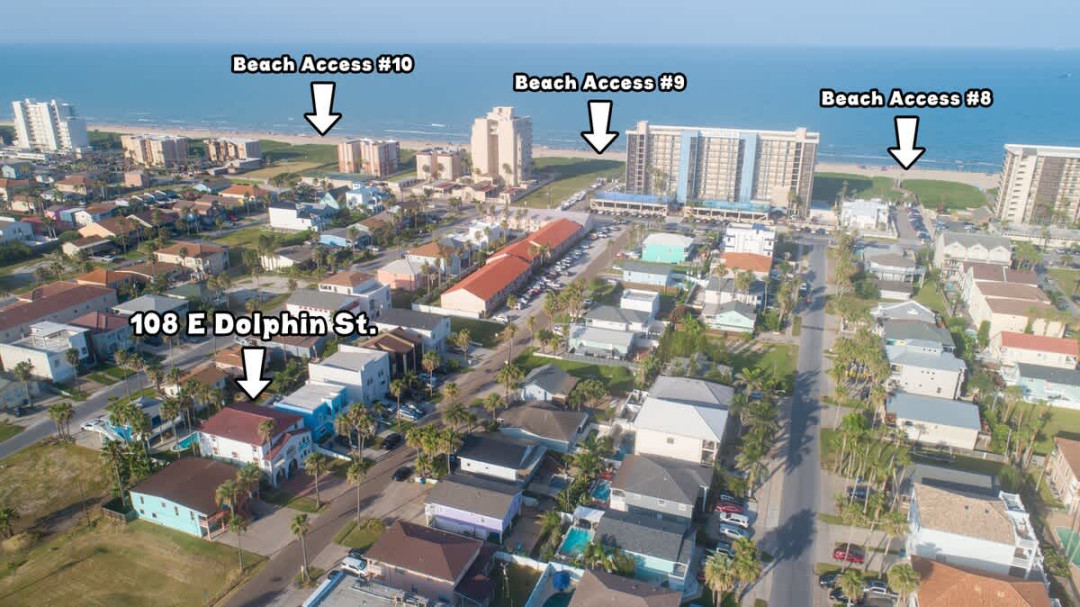 Perfectly located at 108 E Dolphin St, this home is just steps from the sand with two nearby beach access points (#9 and #10). Enjoy stunning aerial views, walkable convenience, and a prime spot for your South Padre Island getaway.