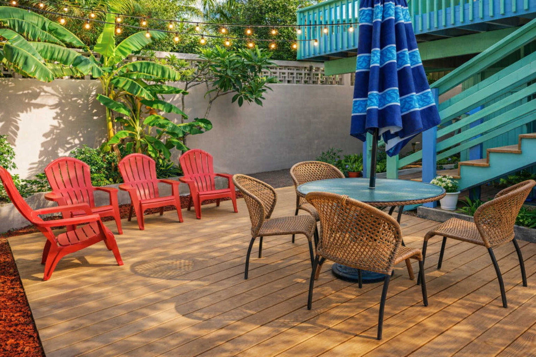 Tropical Patio Retreat w/ Dining Set, Red Adirondacks, String Lights & Banana Trees – Walk to Beach!