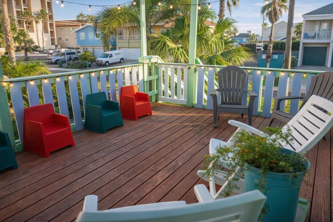 Colorful Coastal Deck w/ Kid & Adult Seating + Palm Views – Walk to Beach, Shops & Eats