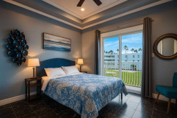 A serene bedroom with soft light, coastal tones, and an easy sense of calm. A space that invites slow mornings, open‑air moments, and a relaxed rhythm that feels naturally restorative, offering guests a simple, soothing place to unwind.
