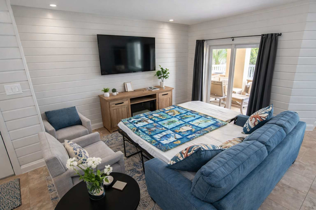 Coastal‑premium living meets comfort in this bright, multifunctional space featuring a plush blue sofa‑bed with a vibrant quilt, sleek wood console & natural light streaming through glass doors to the patio — perfect for relaxing in style.