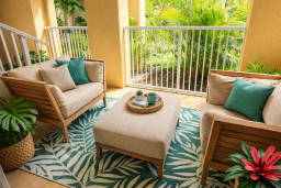 Tropical retreat with cozy cushioned seating, lush greenery & warm sunlight — this private patio invites guests to unwind in comfort. Perfect for morning coffee or evening relaxation, blending natural textures & resort-style charm for a serene escape