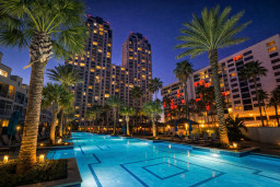 Luxurious Palm-Lined Pool Retreat with Skyline Views — Modern High-Rise Setting, Twilight Ambiance, and Resort-Style Amenities