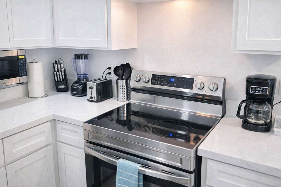 Modern Kitchen with Stainless Steel Appliances, Blender, Coffee Maker & Toaster – Fully Equipped for Cooking & Morning Routines