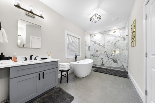 Master Bathroom with luxuries oversized soaking tub and stanalone shower with two showerheads