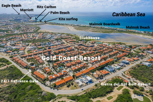 Aerial view of the Gold Coast Aruba resort, showing its location and nearby landmarks.