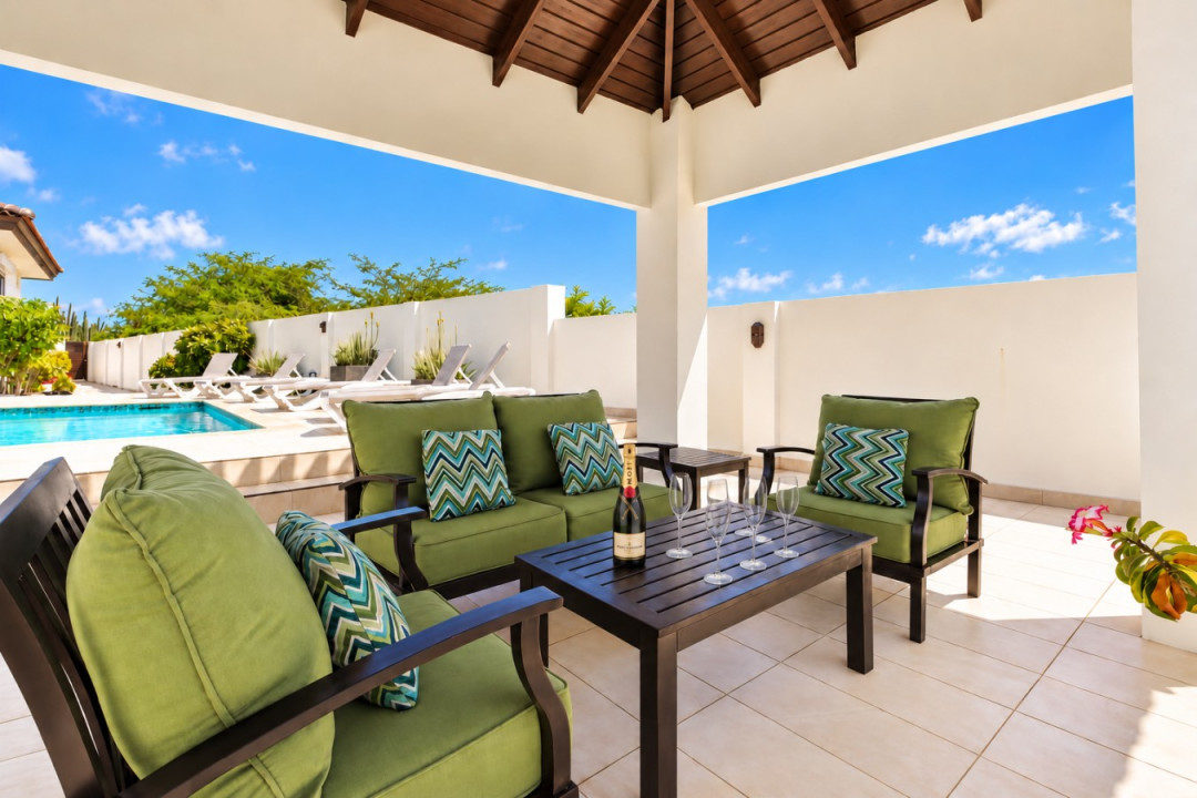 There is also a covered pavilion where you can relax with a cool drink on the cushioned patio furniture and take in the amazing island views. The sunsets are incredible!